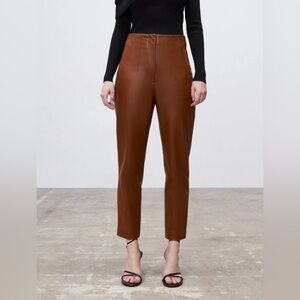 ZARA Faux Leather Straight Leg Pleated High Waist Pants Brown Women’s Size Small